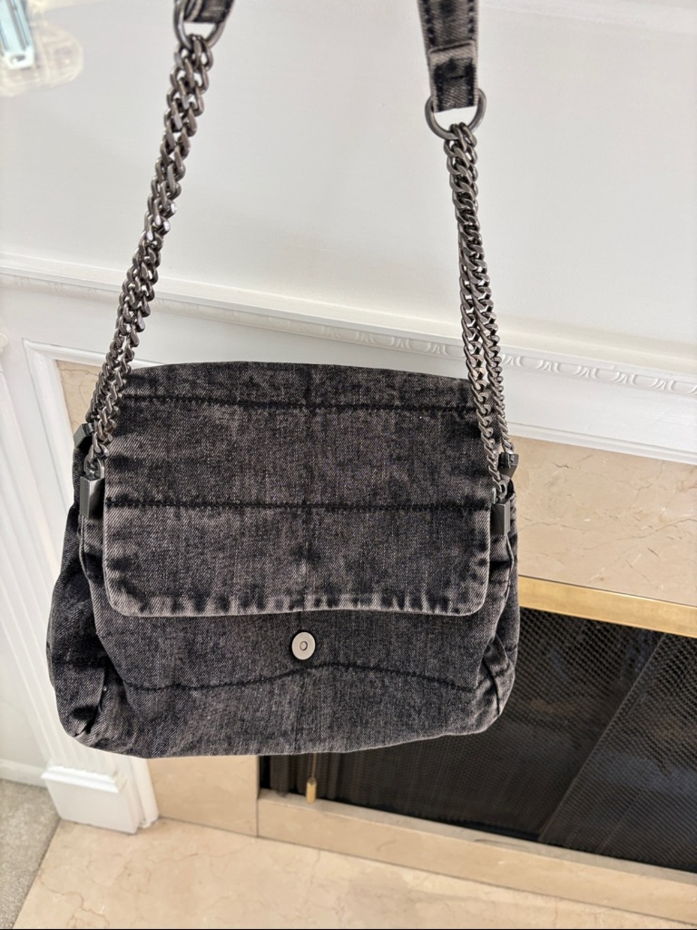 ZARA Washed Black Quilted Shoulder Bag with Chain Strap